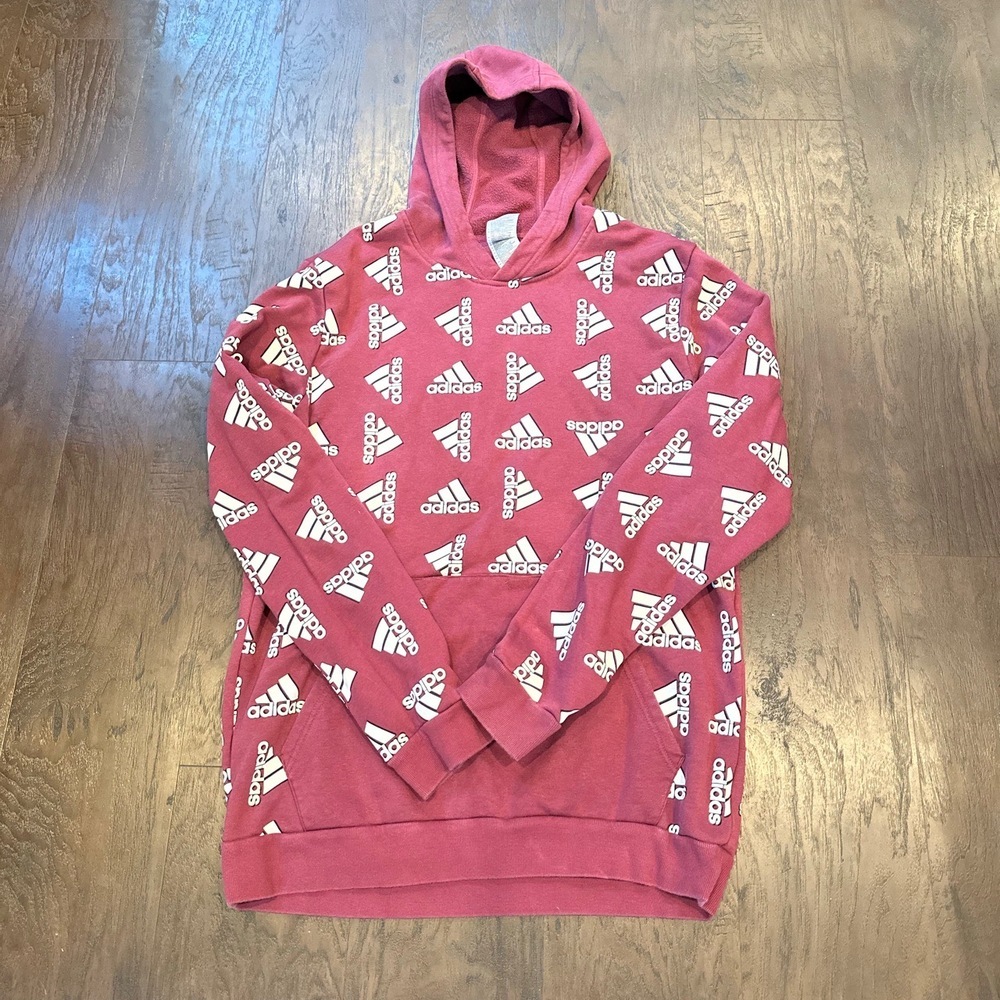 Adidas Hoodie Large burgundy Allover Logo Print Long Sleeve Kangaroo Pocket